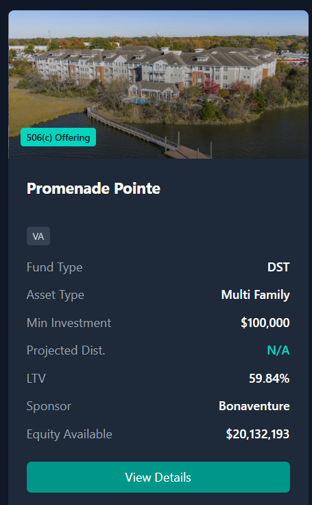 Boneventure-Promenade Pointe DST-A Class A multifamily community consisting of 183 units, located at 6115 Tidewater Dr, Norfolk, Virginia.
