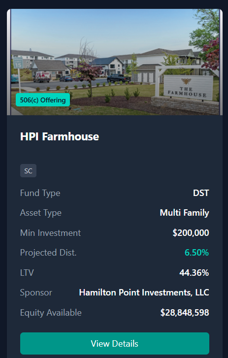 Hamilton Pointe Investmetns HPI Frmhouse DST-An apartment community located at 105 Stewart Drive, Easley, South Carolina 29640 consisting of approximately 16.01 acres of land, upon which are situated 13 two- and three-story apartment buildings.