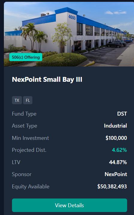 Two multi-tenant warehouse and industrial facilities that are typically smaller in size than standard facilities, located in Richardson, Texas and Deerfield Beach, Florida.